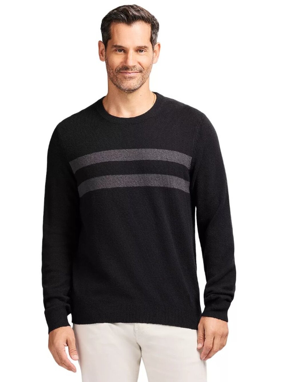 IZOD Men's Crewneck Sweater XL Black Gray Stripe Cotton Blend NWT